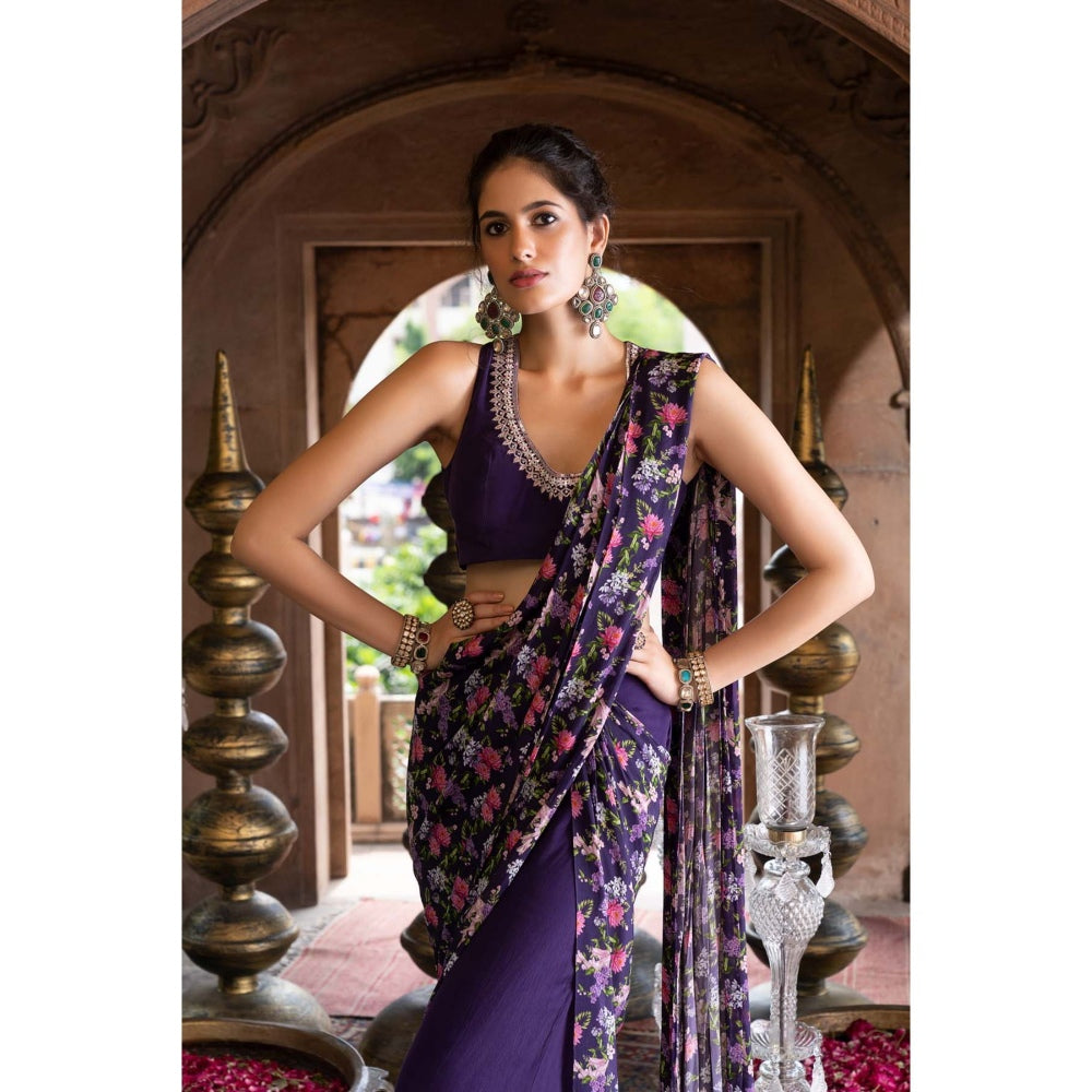 Chhavvi Aggarwal Purple Floral Printed Pant Saree with Stitched Blouse (Set of 2)