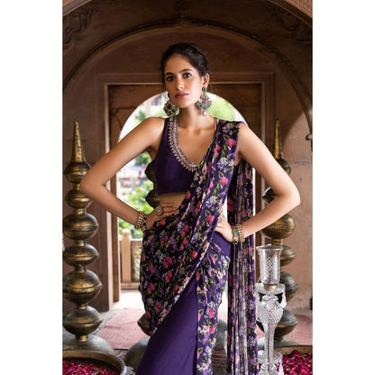 Chhavvi Aggarwal Purple Floral Printed Pant Saree with Stitched Blouse (Set of 2)