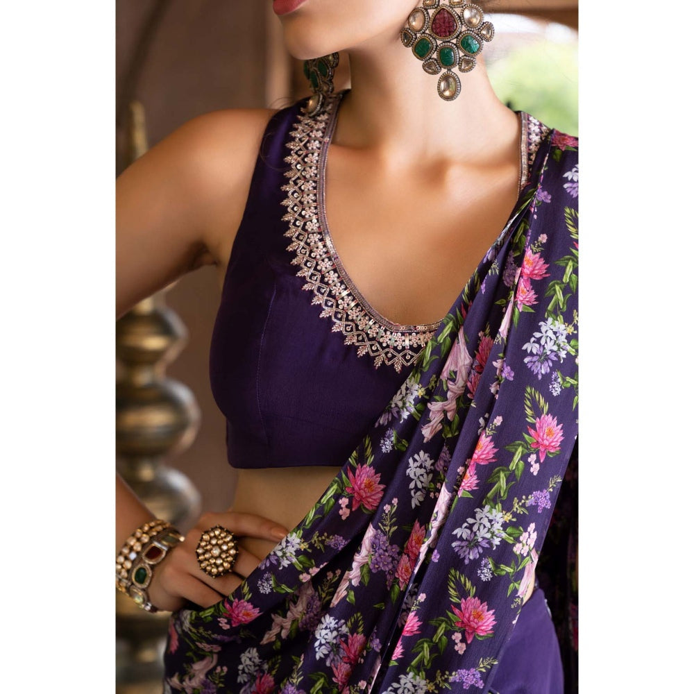 Chhavvi Aggarwal Purple Floral Printed Pant Saree with Stitched Blouse (Set of 2)