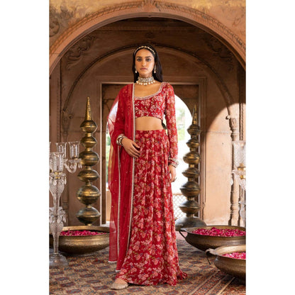 Chhavvi Aggarwal Maroon Floral Printed Lehenga Blouse with Dupatta (Set of 3)