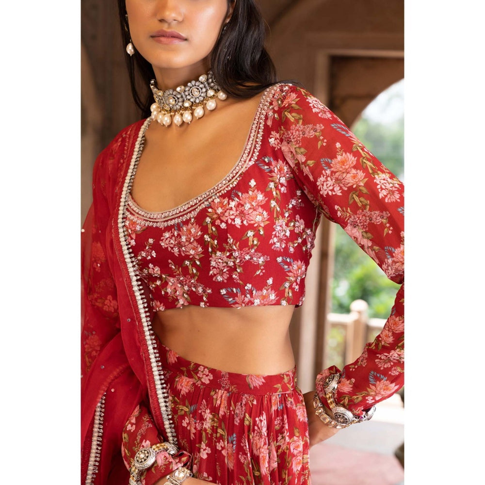 Chhavvi Aggarwal Maroon Floral Printed Lehenga Blouse with Dupatta (Set of 3)