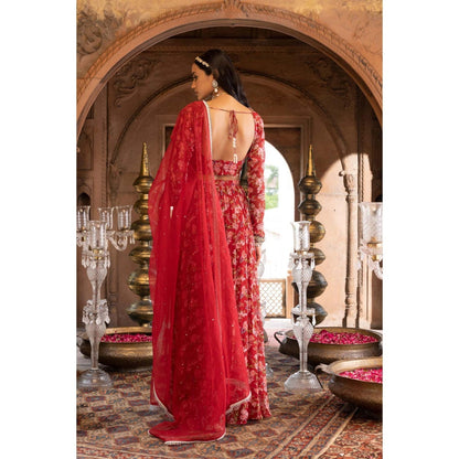 Chhavvi Aggarwal Maroon Floral Printed Lehenga Blouse with Dupatta (Set of 3)