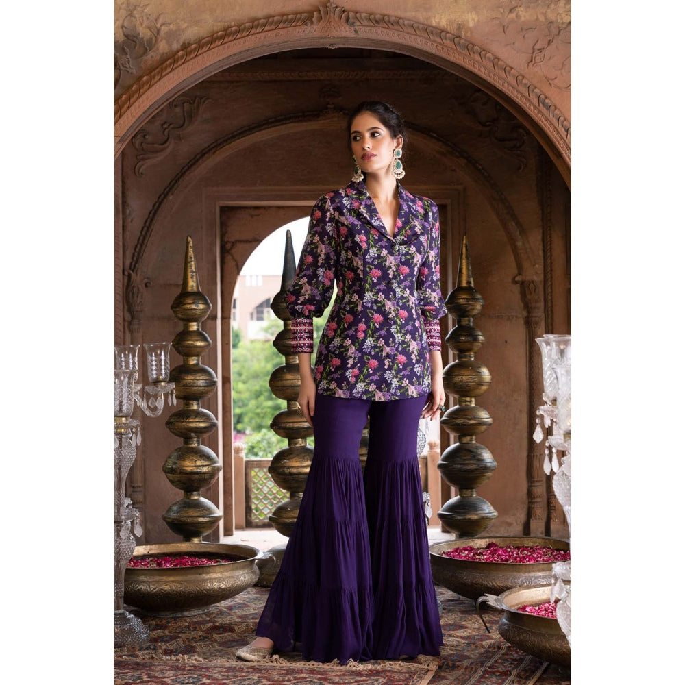 Chhavvi Aggarwal Purple Floral Printed Jacket and Sharara (Set of 2)