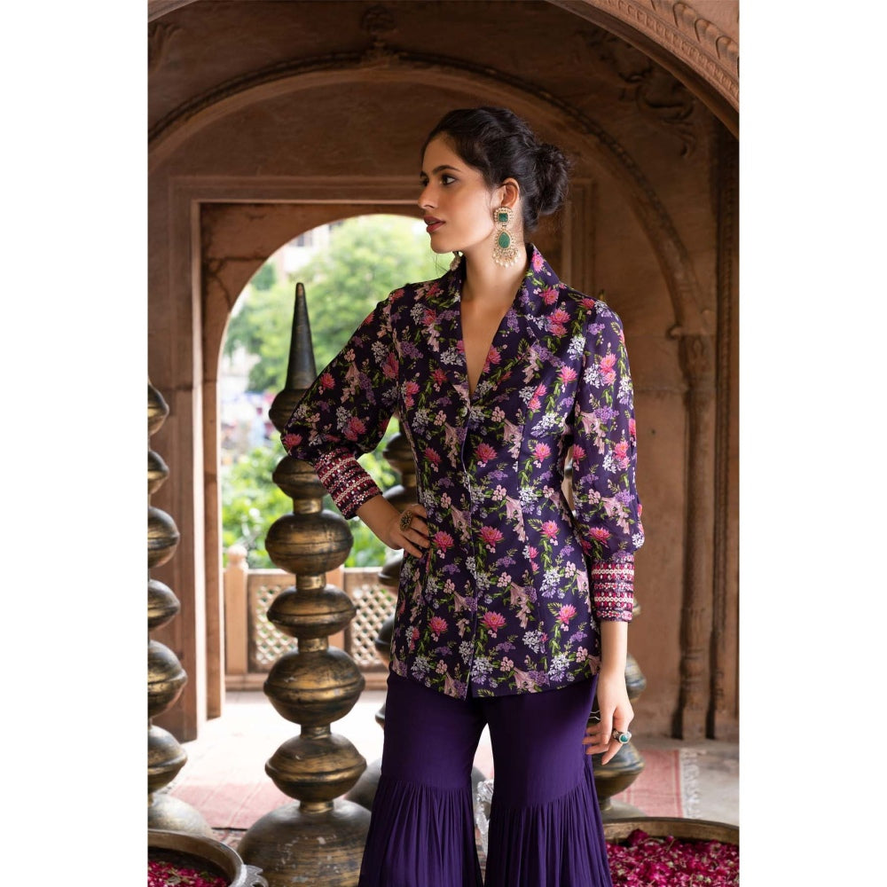 Chhavvi Aggarwal Purple Floral Printed Jacket and Sharara (Set of 2)