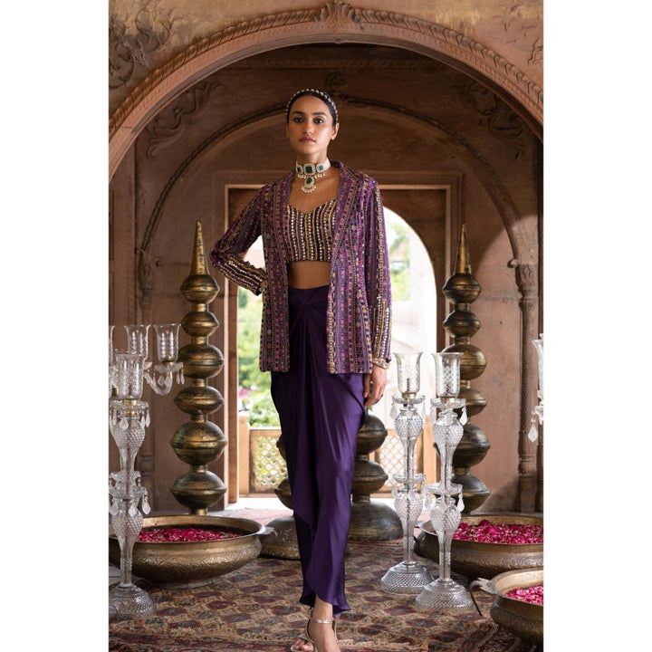 Chhavvi Aggarwal Purple Printed Jacket with Crop Top and Draped Skirt