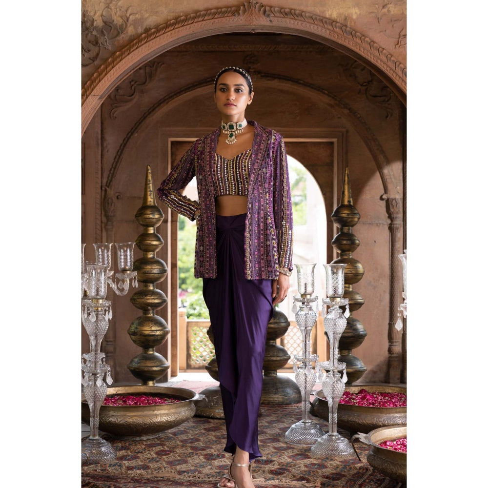 Chhavvi Aggarwal Purple Printed Jacket with Crop Top and Draped Skirt (Set of 3)
