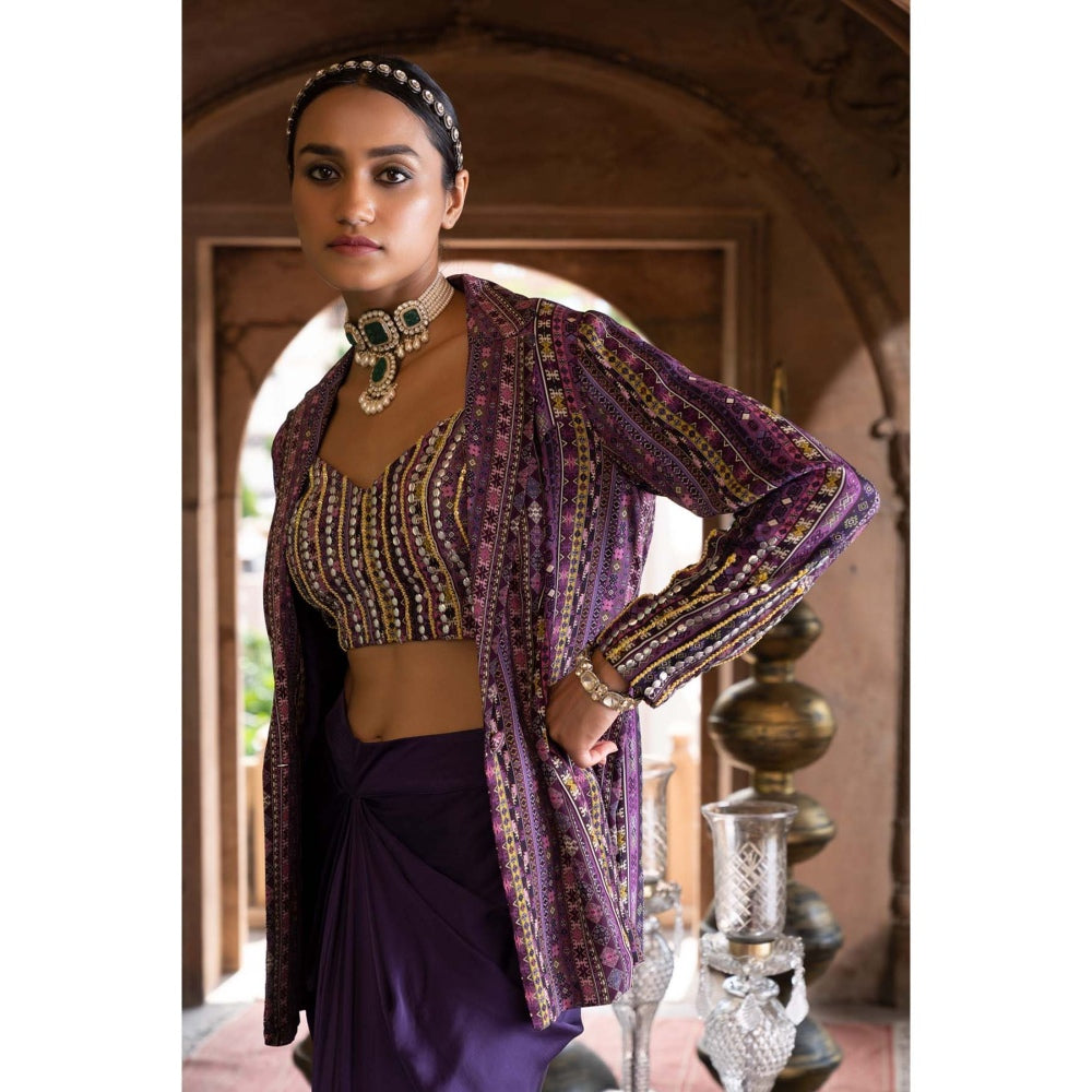 Chhavvi Aggarwal Purple Printed Jacket with Crop Top and Draped Skirt (Set of 3)