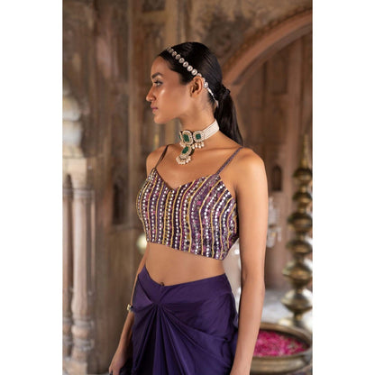 Chhavvi Aggarwal Purple Printed Jacket with Crop Top and Draped Skirt (Set of 3)