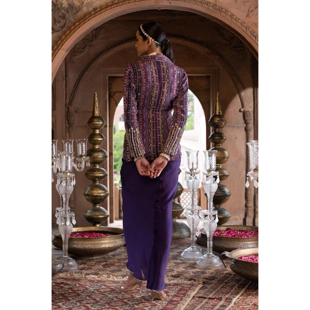 Chhavvi Aggarwal Purple Printed Jacket with Crop Top and Draped Skirt