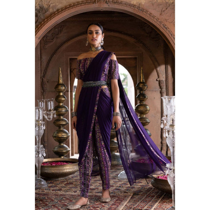 Chhavvi Aggarwal Purple Printed Pant Saree with Stitched Blouse and Belt