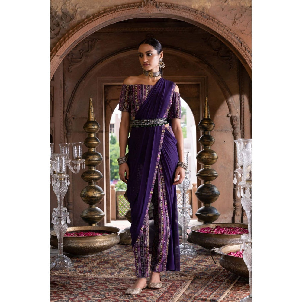 Chhavvi Aggarwal Purple Printed Pant Saree with Stitched Blouse and Belt (Set of 3)