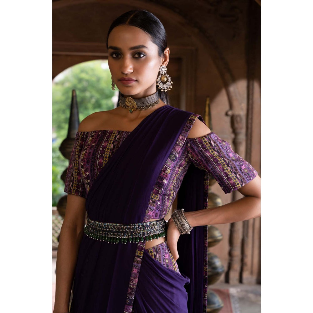 Chhavvi Aggarwal Purple Printed Pant Saree with Stitched Blouse and Belt (Set of 3)