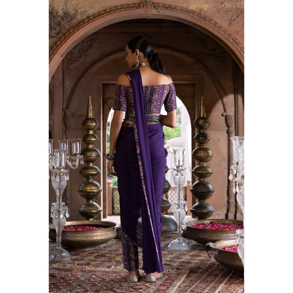 Chhavvi Aggarwal Purple Printed Pant Saree with Stitched Blouse and Belt (Set of 3)