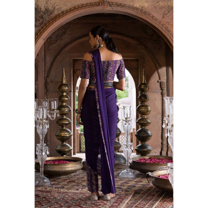 Chhavvi Aggarwal Purple Printed Pant Saree with Stitched Blouse and Belt (Set of 3)