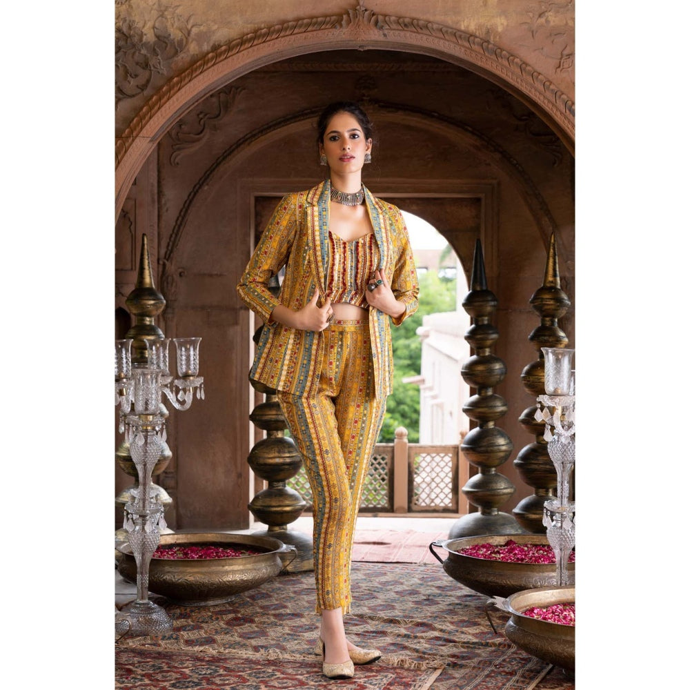 Chhavvi Aggarwal Yellow Printed Pant and Jacket with Crop Top (Set of 3)