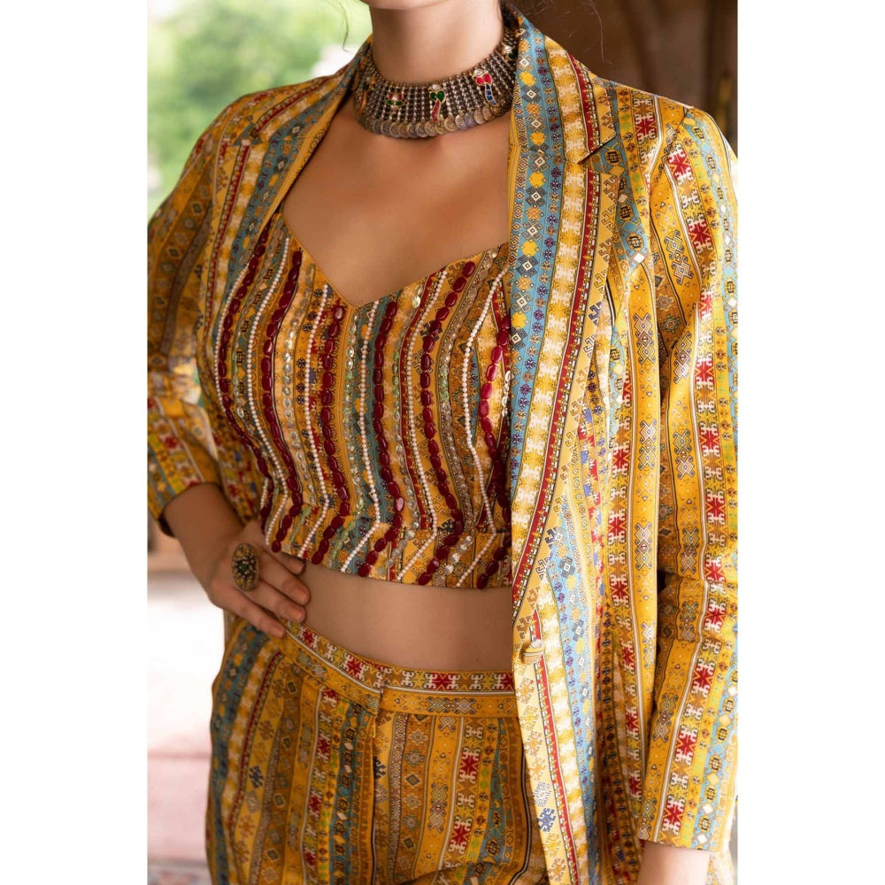 Chhavvi Aggarwal Yellow Printed Pant and Jacket with Crop Top (Set of 3)