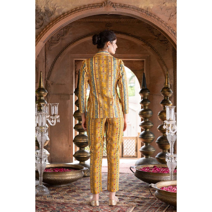 Chhavvi Aggarwal Yellow Printed Pant and Jacket with Crop Top