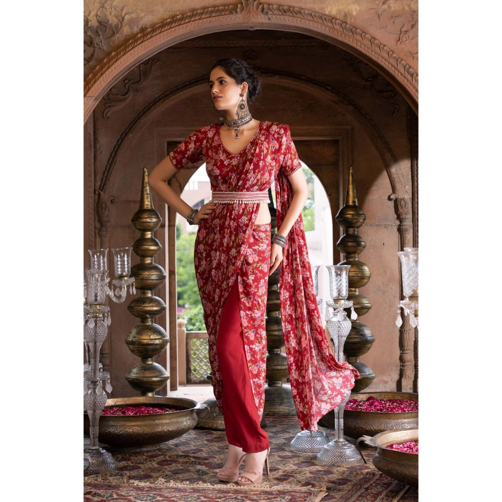Chhavvi Aggarwal Red Floral Print Pant Saree with Stitched Blouse and Belt (Set of 3)