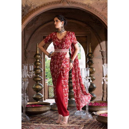 Chhavvi Aggarwal Red Floral Print Pant Saree with Stitched Blouse and Belt (Set of 3)