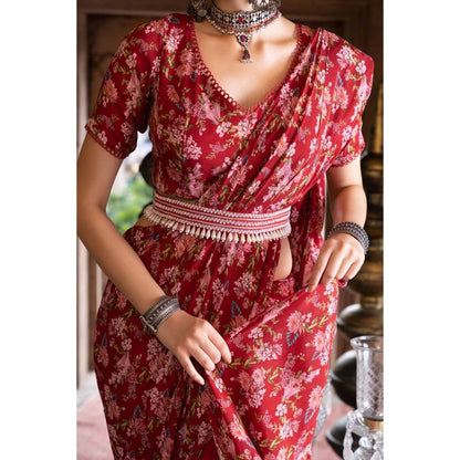 Chhavvi Aggarwal Red Floral Print Pant Saree with Stitched Blouse and Belt (Set of 3)
