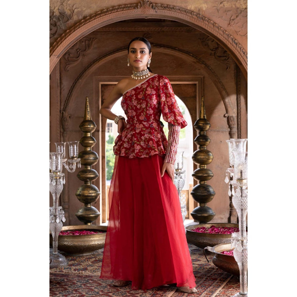 Chhavvi Aggarwal Maroon Floral Printed One Shoulder Top and Palazzo (Set of 2)