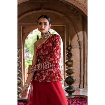 Chhavvi Aggarwal Maroon Floral Printed One Shoulder Top and Palazzo (Set of 2)