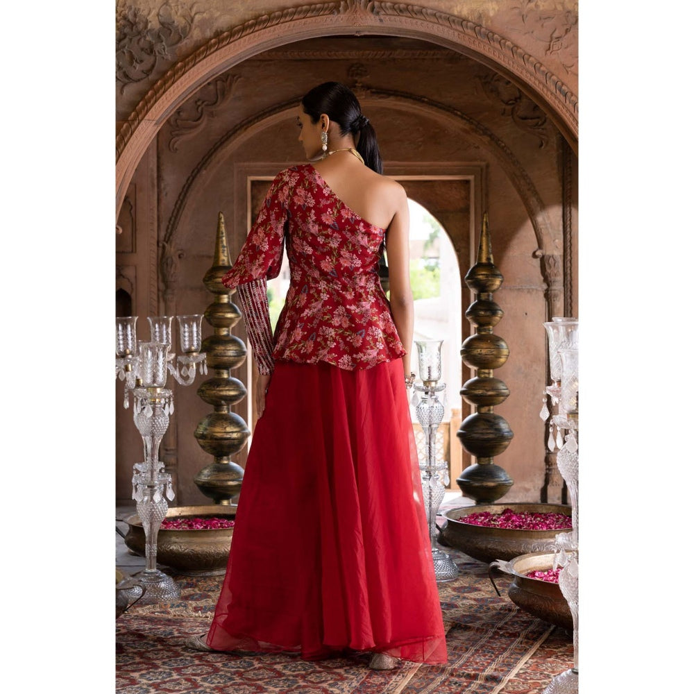 Chhavvi Aggarwal Maroon Floral Printed One Shoulder Top and Palazzo (Set of 2)