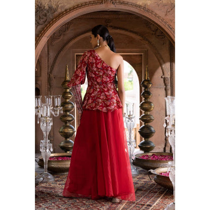 Chhavvi Aggarwal Maroon Floral Printed One Shoulder Top and Palazzo (Set of 2)