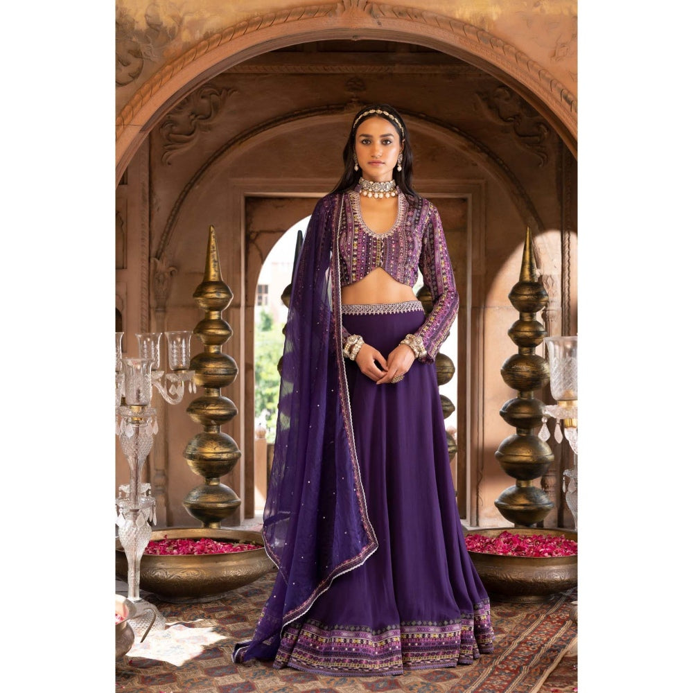 Chhavvi Aggarwal Purple Printed and Embroidered Lehenga Blouse with Dupatta
