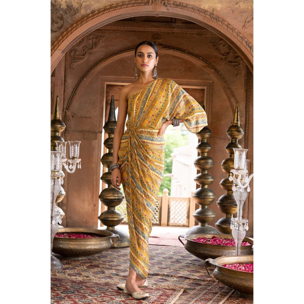 Chhavvi Aggarwal Yellow Printed One Shoulder Draped Dress