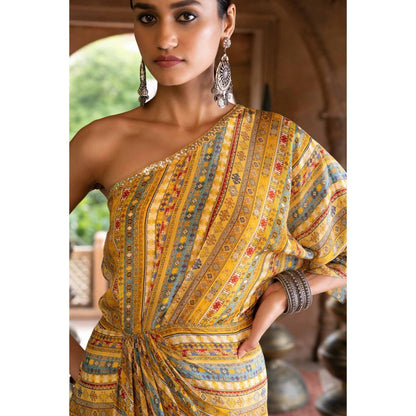 Chhavvi Aggarwal Yellow Printed One Shoulder Draped Dress