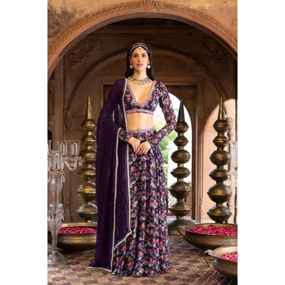 Chhavvi Aggarwal Purple Floral Printed Lehenga Blouse with Dupatta (Set of 3)