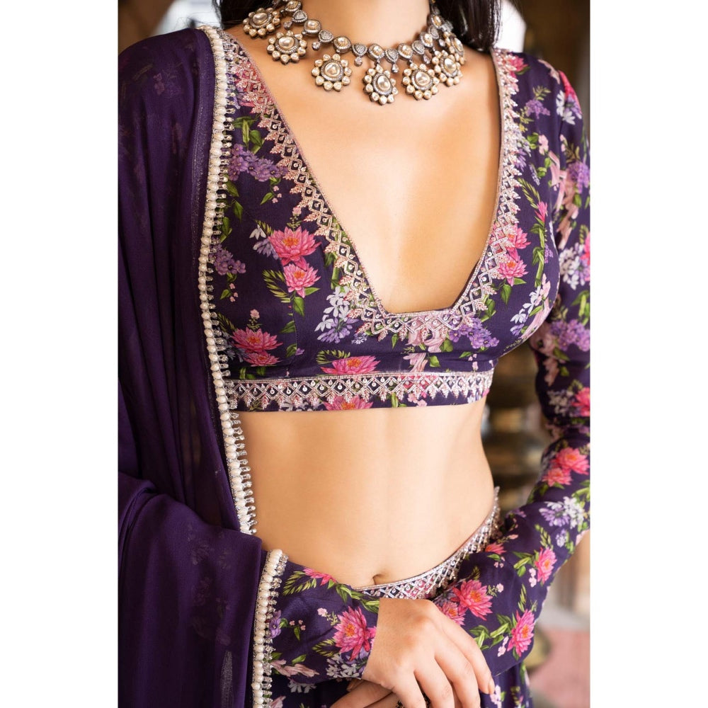 Chhavvi Aggarwal Purple Floral Printed Lehenga Blouse with Dupatta (Set of 3)