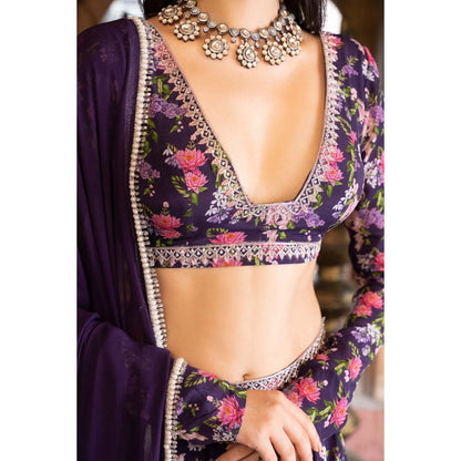 Chhavvi Aggarwal Purple Floral Printed Lehenga Blouse with Dupatta (Set of 3)