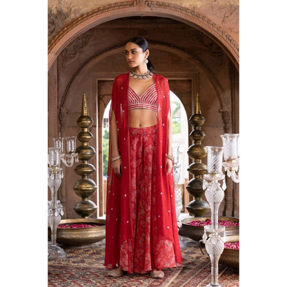 Chhavvi Aggarwal Red Cape with Printed Palazzo and Embroidered Crop Top (Set of 3)