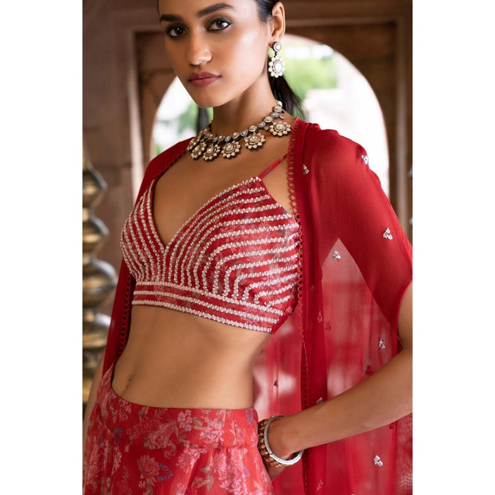 Chhavvi Aggarwal Red Cape with Printed Palazzo and Embroidered Crop Top