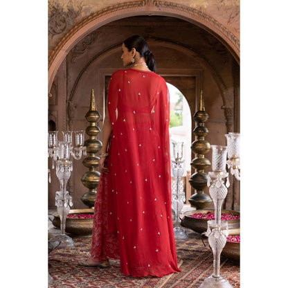 Chhavvi Aggarwal Red Cape with Printed Palazzo and Embroidered Crop Top (Set of 3)