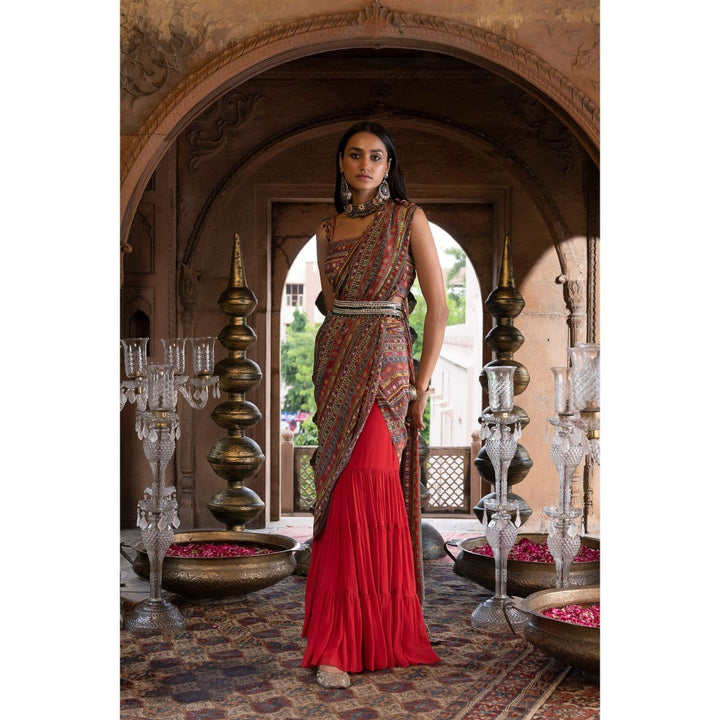 Chhavvi Aggarwal Red Printed Sharara Saree with Stitched Blouse and Belt