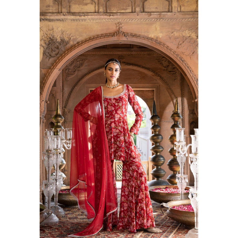 Chhavvi Aggarwal Red Floral Printed Kurta Sharara with Dupatta (Set of 3)