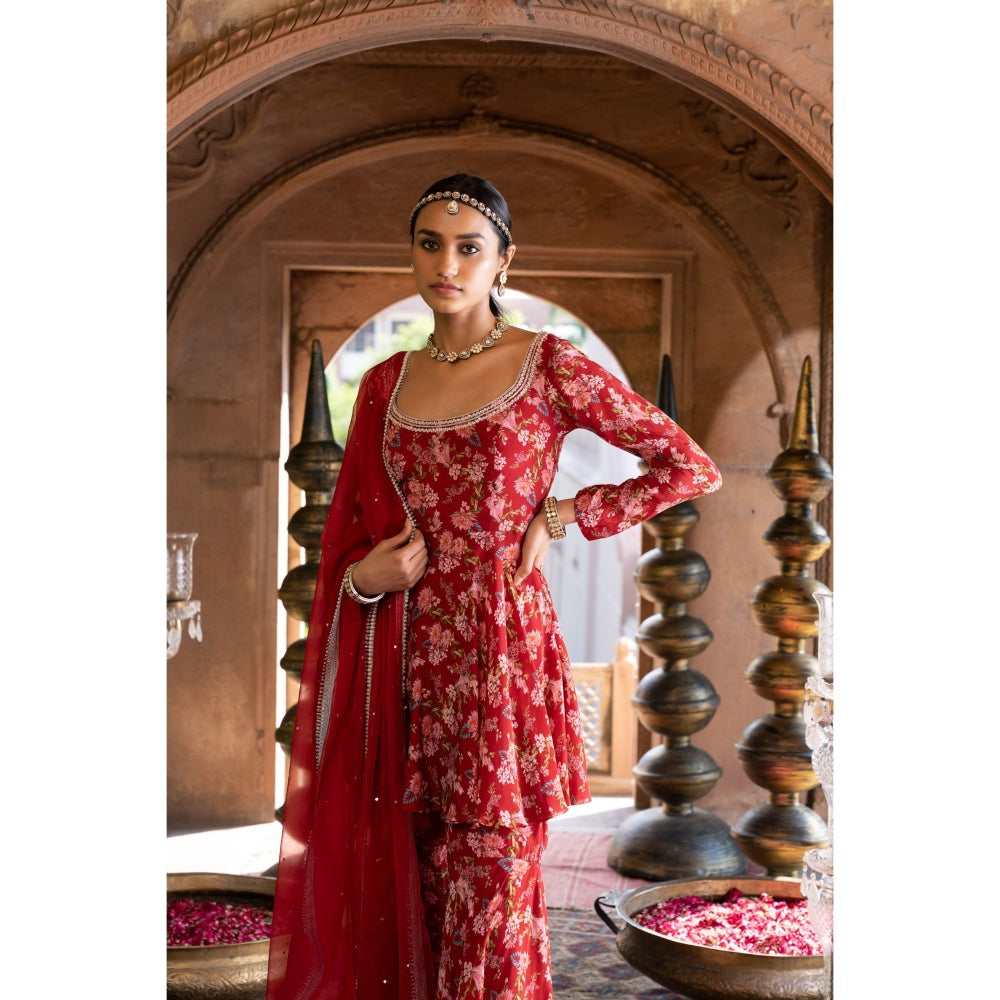 Chhavvi Aggarwal Red Floral Printed Kurta Sharara with Dupatta (Set of 3)
