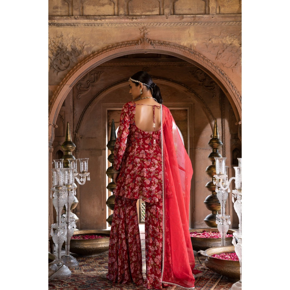 Chhavvi Aggarwal Red Floral Printed Kurta Sharara with Dupatta (Set of 3)
