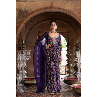 Chhavvi Aggarwal Purple Floral Printed Kurta Sharara with Dupatta (Set of 3)