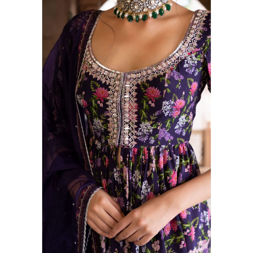 Chhavvi Aggarwal Purple Floral Printed Kurta Sharara with Dupatta (Set of 3)