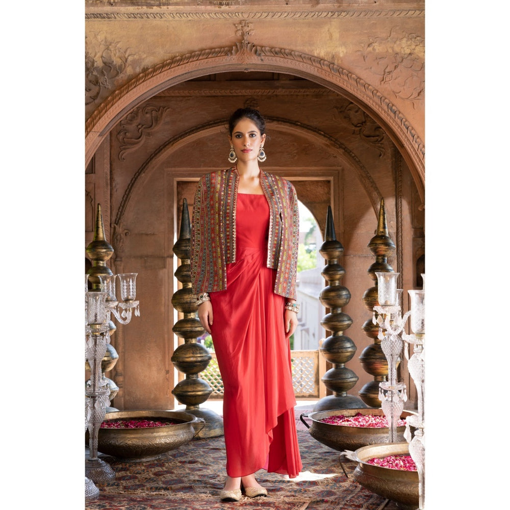 Chhavvi Aggarwal Red and Multi-Color Draped Dress with Printed Cape Jacket (Set of 2)