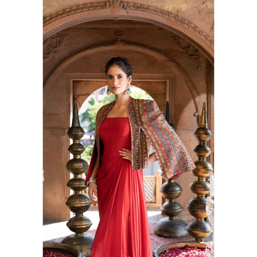 Chhavvi Aggarwal Red and Multi-Color Draped Dress with Printed Cape Jacket (Set of 2)