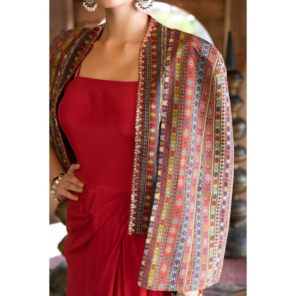 Chhavvi Aggarwal Red and Multi-Color Draped Dress with Printed Cape Jacket (Set of 2)