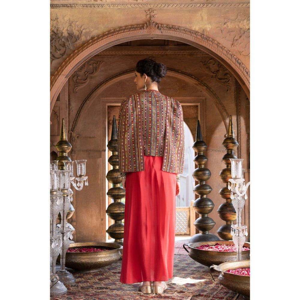 Chhavvi Aggarwal Red and Multi-Color Draped Dress with Printed Cape Jacket