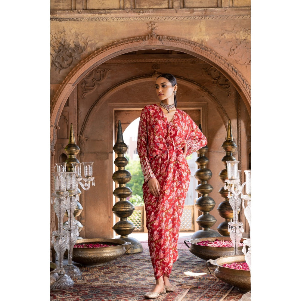 Chhavvi Aggarwal Red Floral Printed Draped Dress