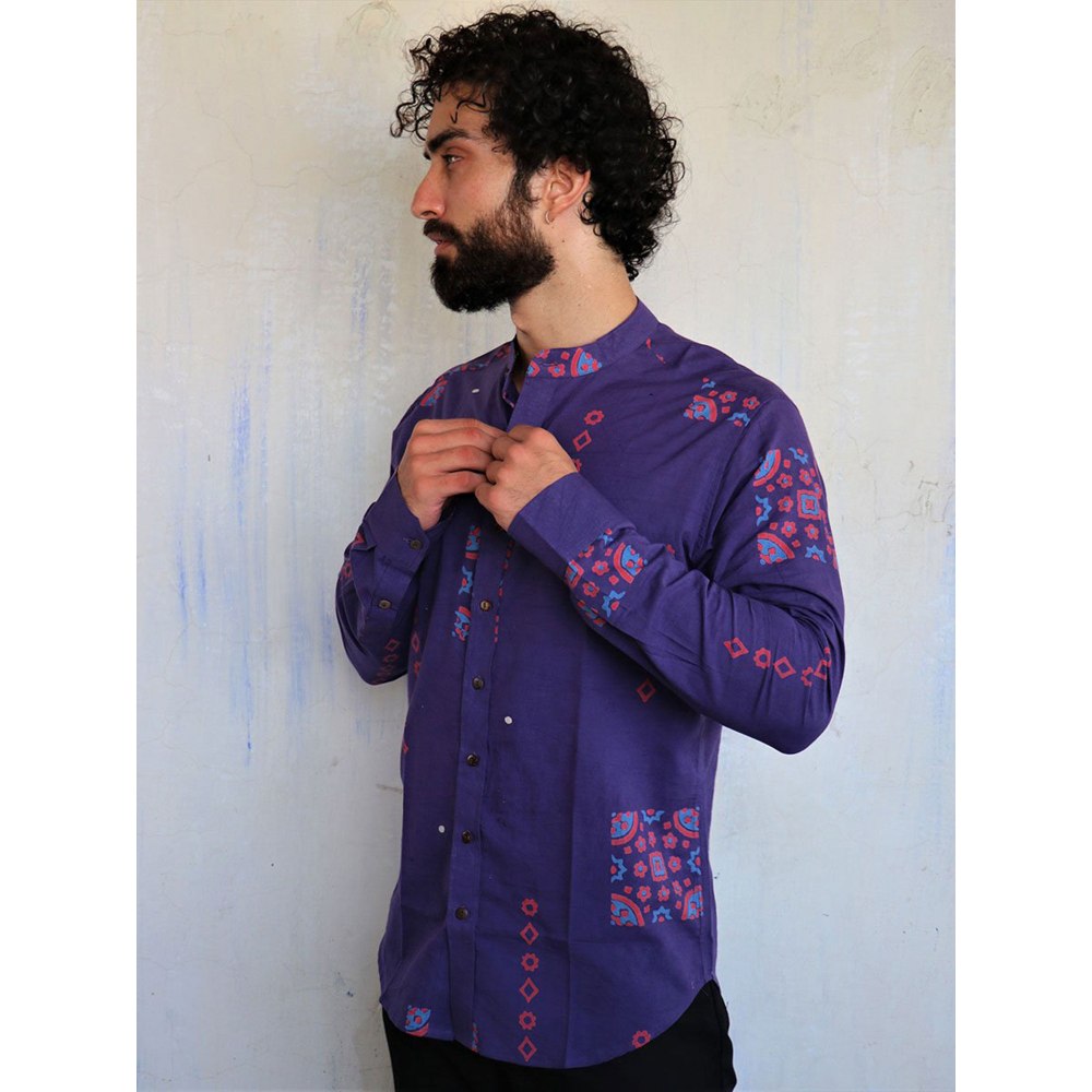 Chidiyaa Purple Square Patch Block Printed Shirt