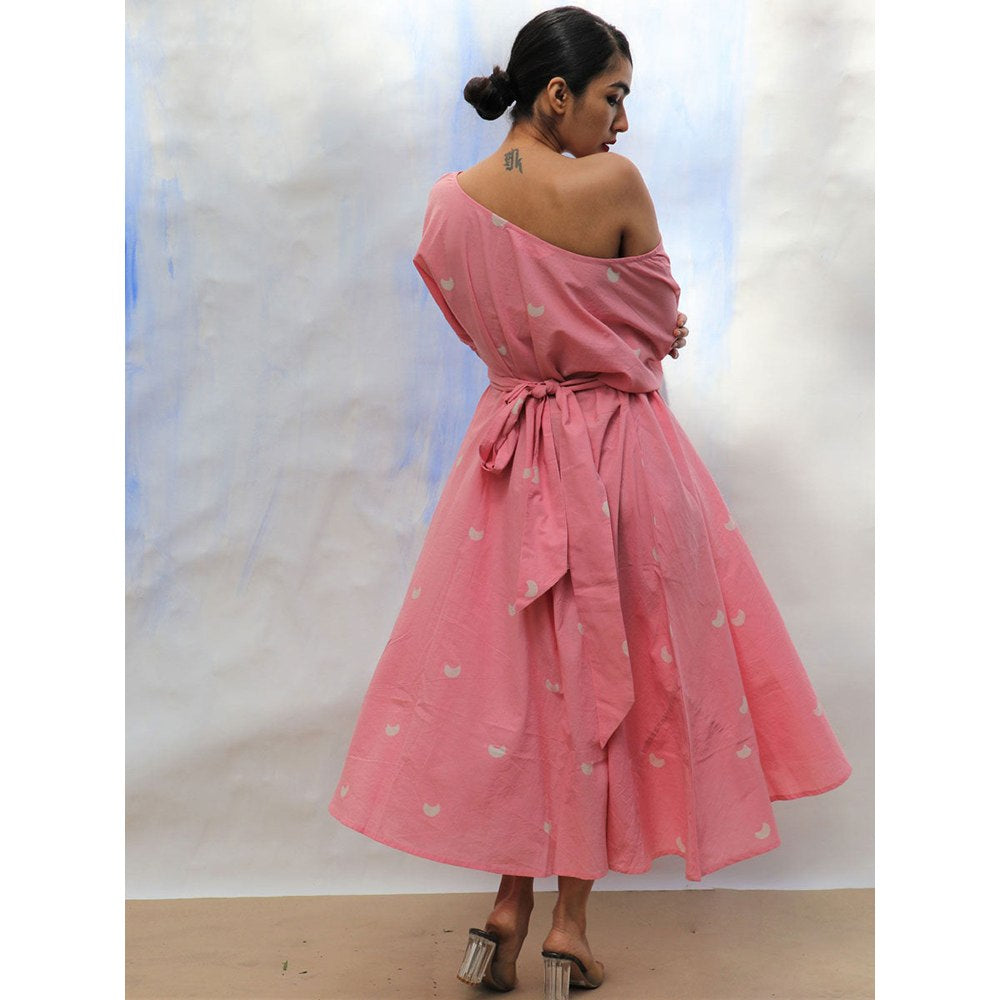 Chidiyaa SKD Pink Handprinted Off Shoulder Pure Cotton Dress